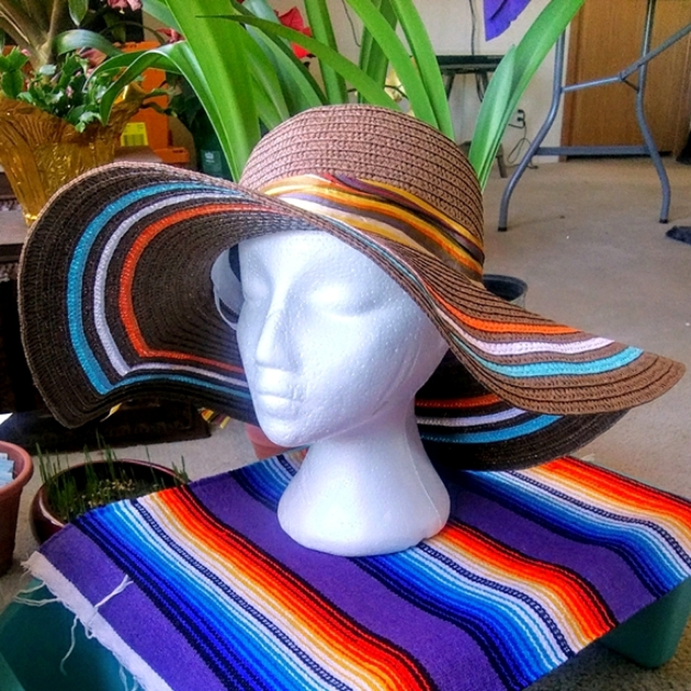 GROOVY GLAM Brown Wide Brim Straw Hat Summer Floppy Stripes